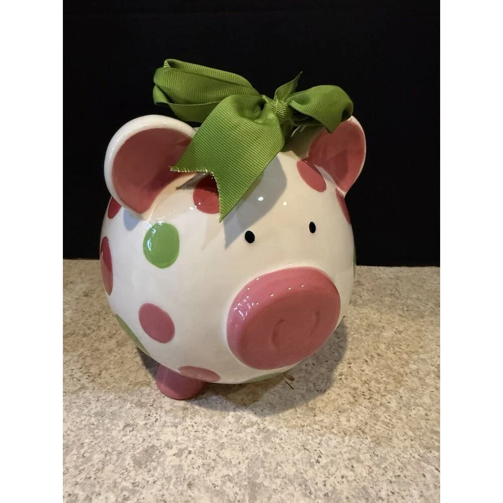 Burton + Burton Classic Circles Ceramic Piggy Bank Pink Green Dots 2009